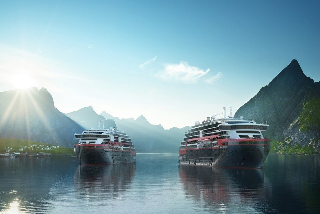 Hurtigruten Hybridschiffe MS Roald Amundsen und MS Fridtjof Nansen. Bild: Hurtigruten