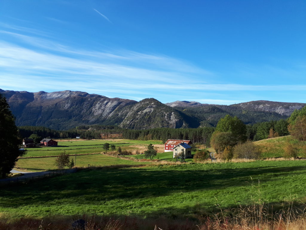 Raue Berge, grüne Wiesen und blauer Himmel in Südnorwegen.